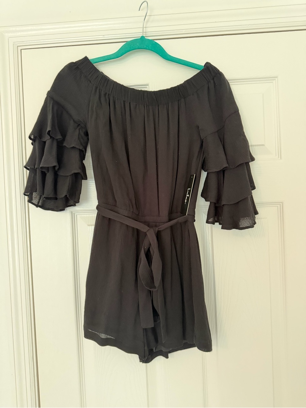 Lulu's Black Off-Shoulder Ruffle Sleeve Romper